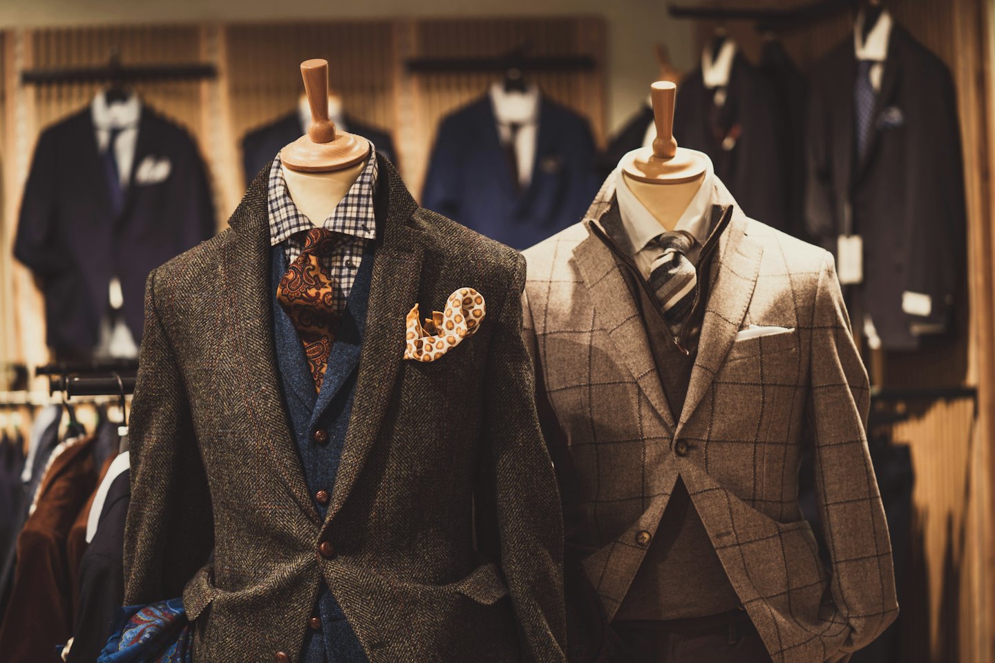 Two mannequins dressed in stylish men's business casual outfits.
